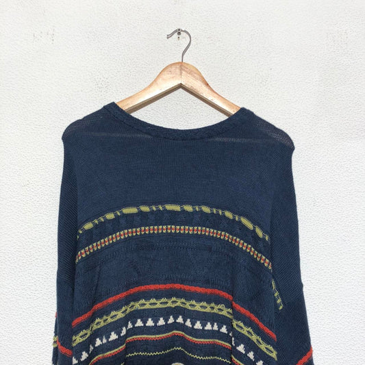 Vintage 90s Navy Striped Funky Knitted Jumper - XXL