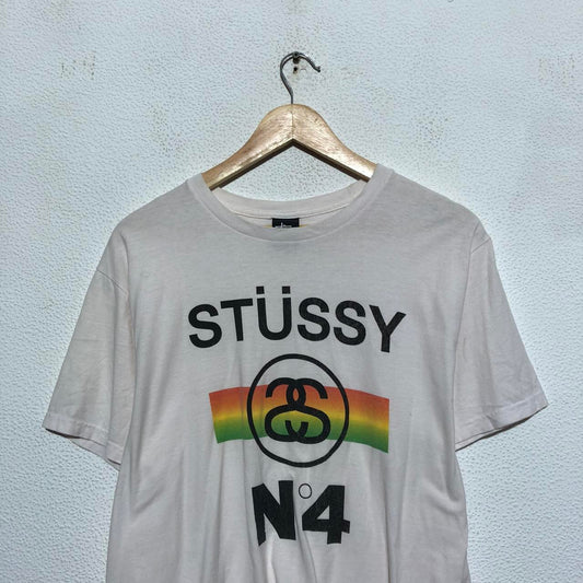 White Stussy T Shirt Logo Print - Medium