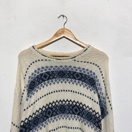 Vintage 90s White & Blue Striped Knitted Jumper - XXL