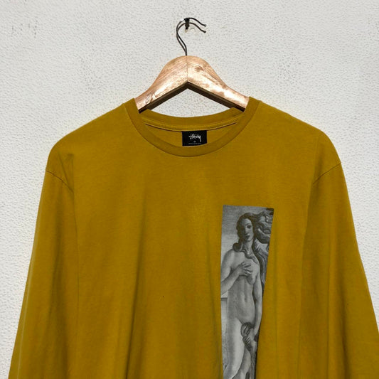 Vintage Yellow Stussy Long Sleeve T Shirt Graphic Print - Medium