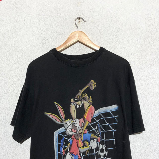 Vintage 90s Black Looney Tunes Football Graphic T Shirt - Large