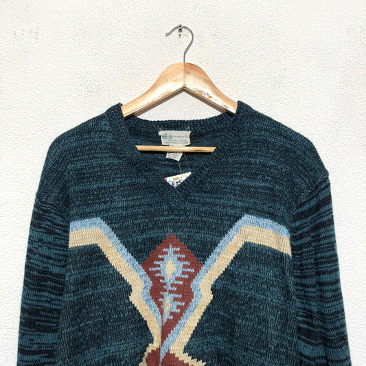 Vintage Navy Aztec Patterned Knitted Jumper V Neck - Large