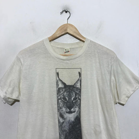 Vintage 80s White Lynx Nature Graphic Print Screen Stars - XL