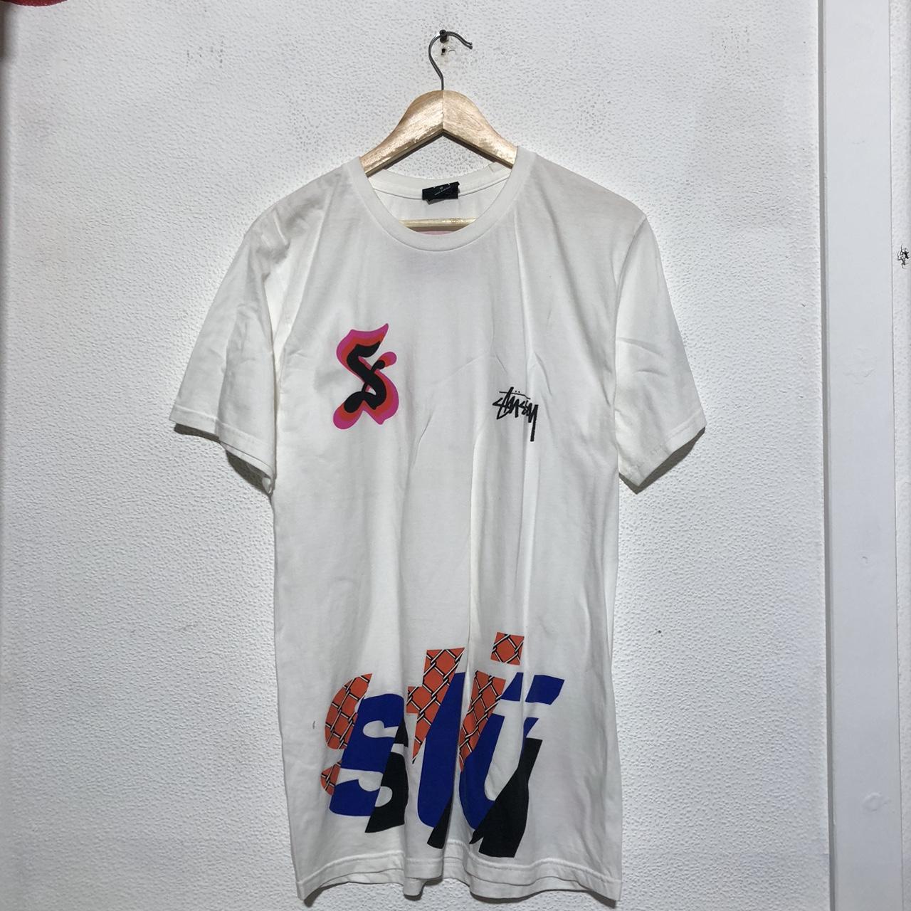 Vintage White Stussy T Shirt Graphic Print - Medium