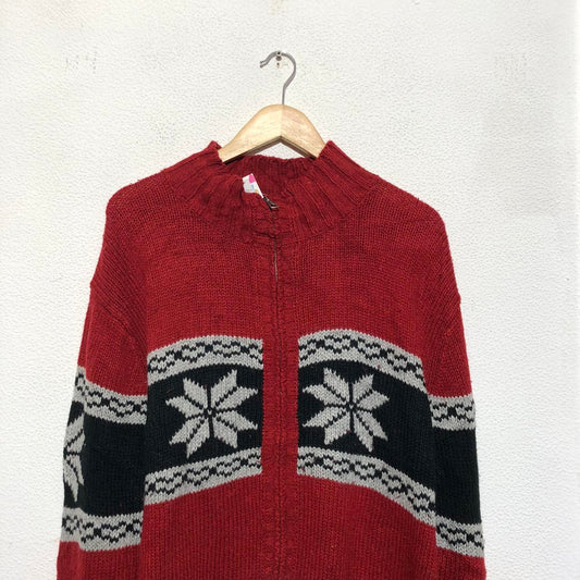 Vintage Red Christmas Patterned Snowflake Knitted Jumper Full Zip - Large