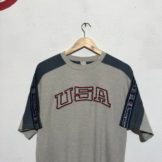 Vintage 90s Grey Champion Waffle Knit USA T Shirt - Small