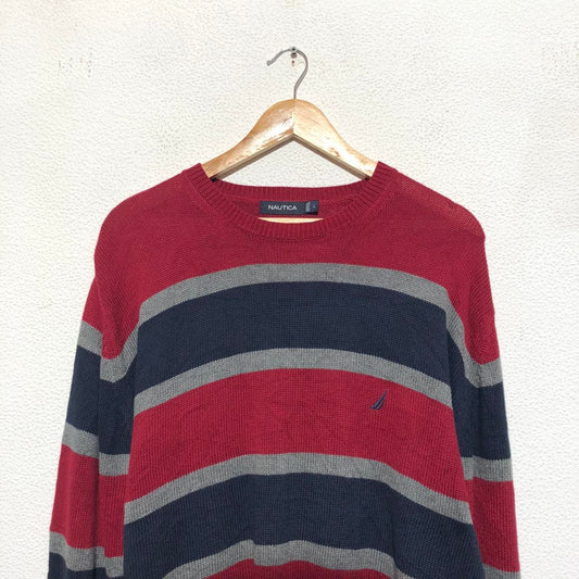 Vintage Red & Grey Striped Nautica Knitted Jumper - Large