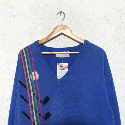 Vintage Blue Pringle Scotland Golf Knitted Jumper V Neck - Large