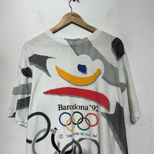 Vintage 90s 1992 Barcelona Olympics White All Over Print Graphic T Shirt - Large