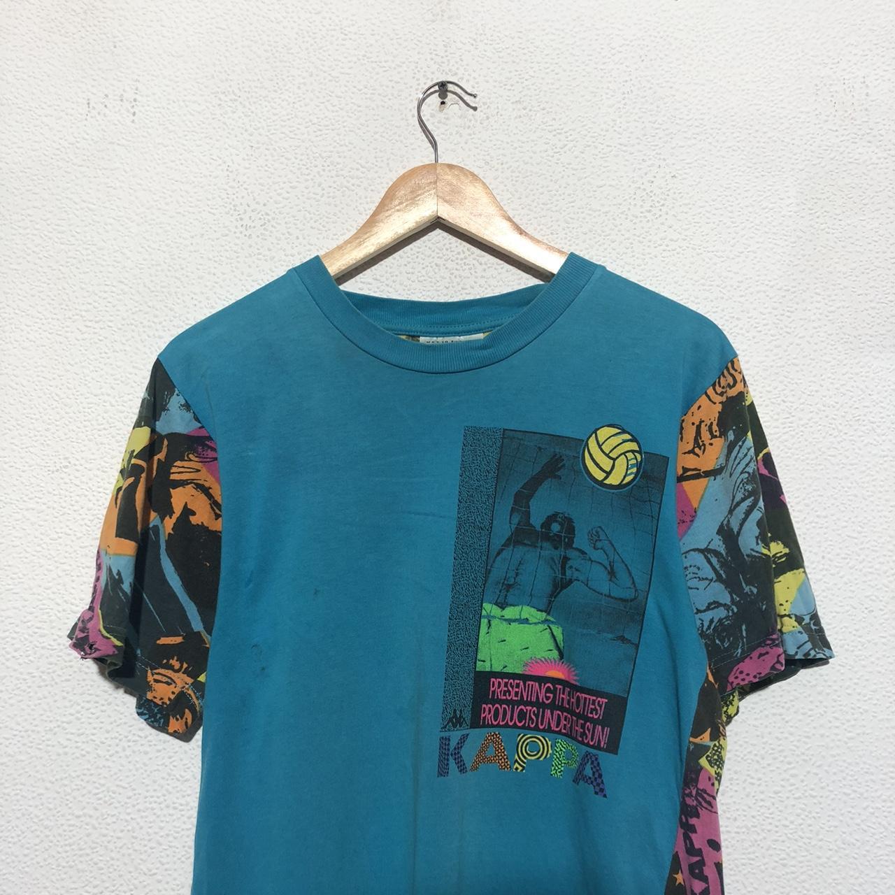 Vintage 80s Blue Kappa Volleyball Funky Patterned T Shirt - Small