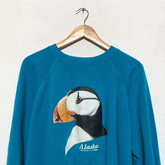 Vintage 90s Blue Alaska Toucan Graphic Print Sweatshirt - Large