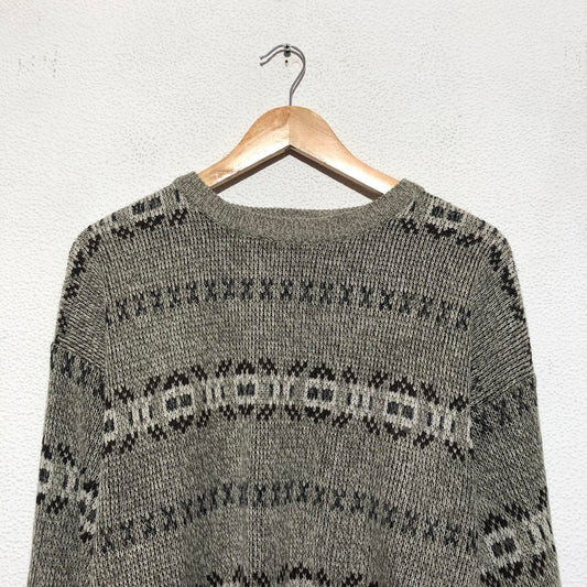 Vintage Brown Grunge Patterned Knitted Jumper - Medium