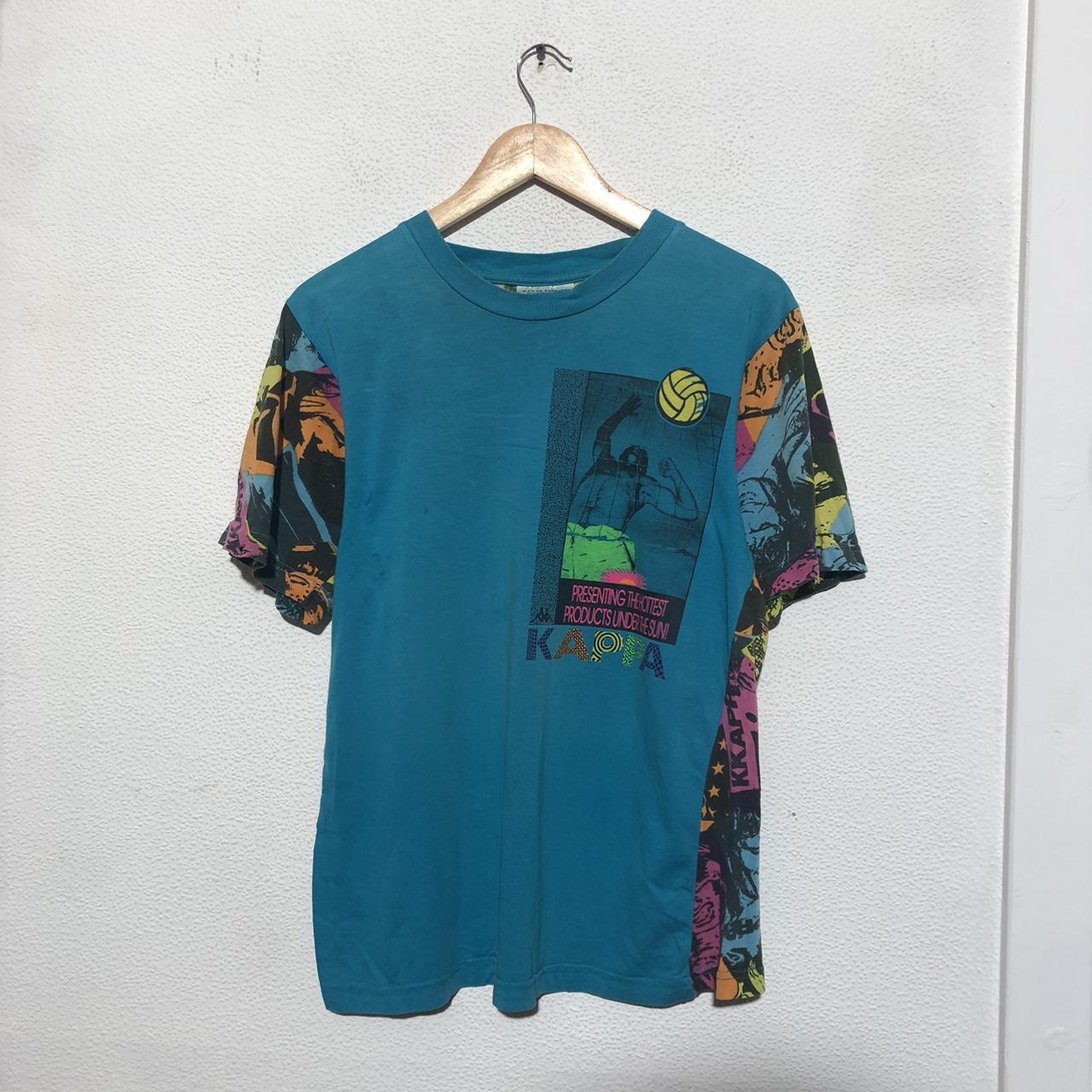 Vintage 80s Blue Kappa Volleyball Funky Patterned T Shirt - Small