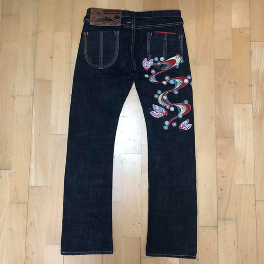 Vintage 90s Navy Yamane Jeans Floral Embroidery Raw Denim - 25W 32L