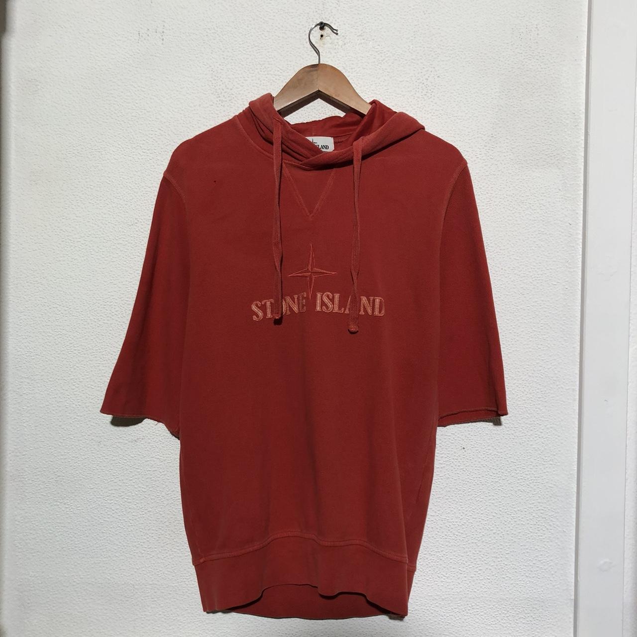 Vintage Red Stone Island Hooded T Shirt Spellout - Large