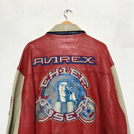 Vintage Red & Cream Avirex Leather Varsity Jacket Chief Joseph - 3XL