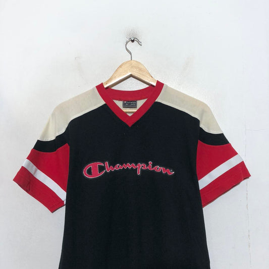 Vintage Black Champion V Neck T Shirt Spellout - XS