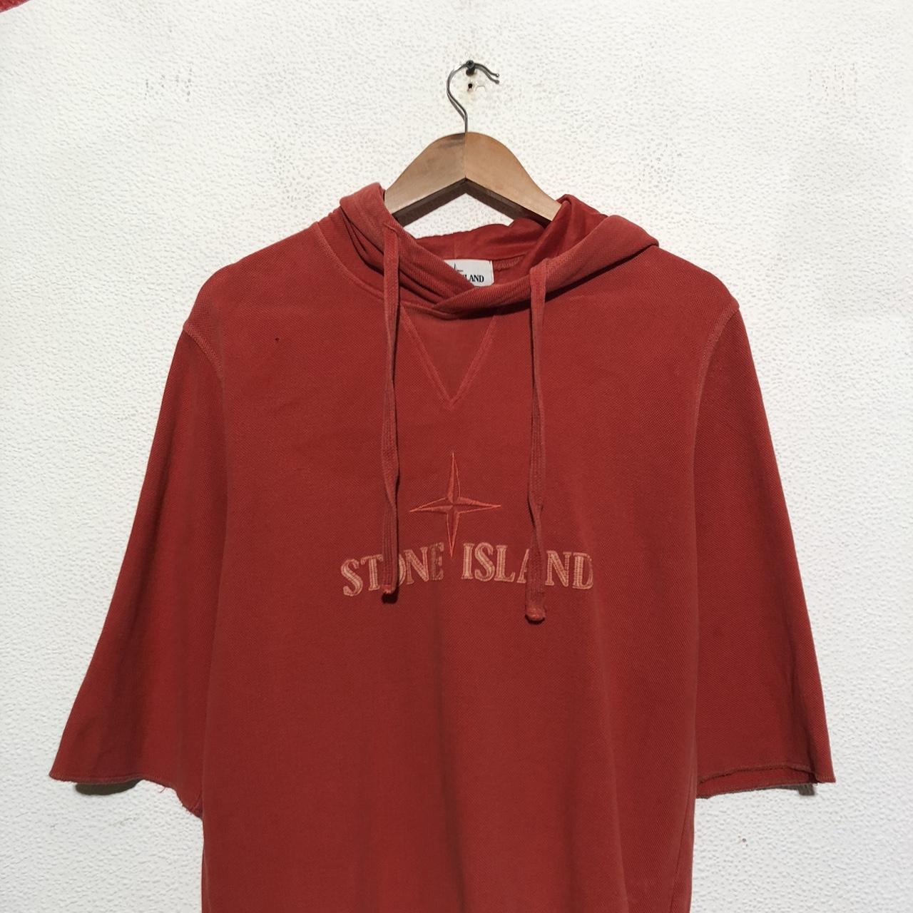 Vintage Red Stone Island Hooded T Shirt Spellout - Large