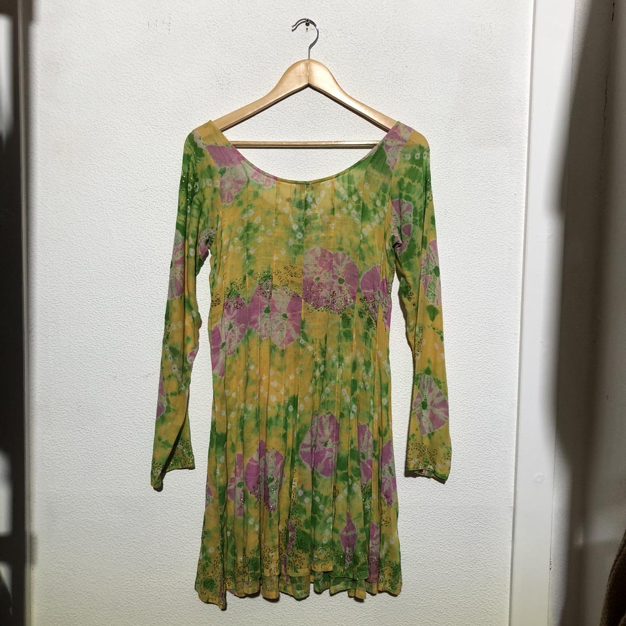 Vintage 1970s Juliet Dunn Hippie Dress Green Floral Tie Dye