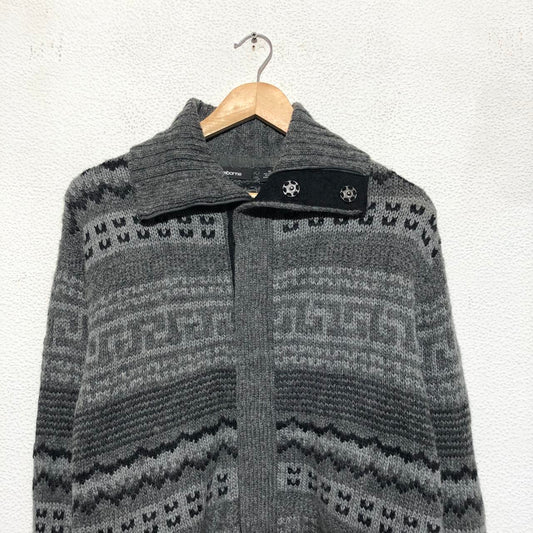 Vintage Grey Aztec Patterned Knitted Jumper Full Zip - XL