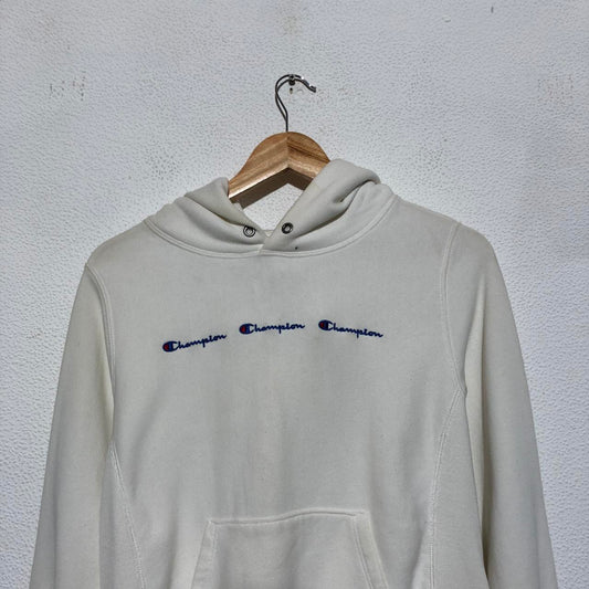 Vintage White Champion Hoodie Triple Spellout Reverse Weave - Small