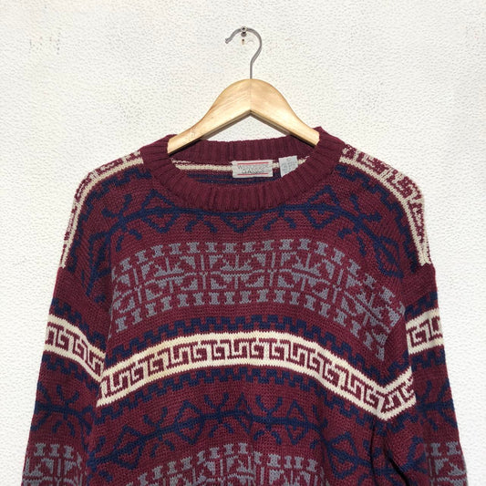 Vintage Burgundy Funky Grunge Patterned Knitted Jumper - Large