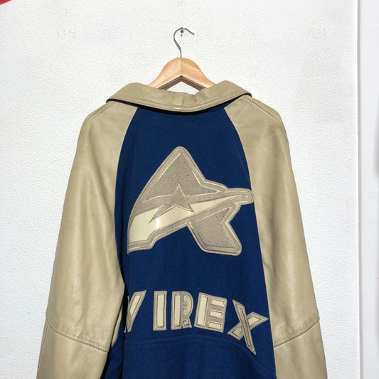 Vintage Blue & Cream Avirex Leather & Wool Varsity Jacket - 6XL