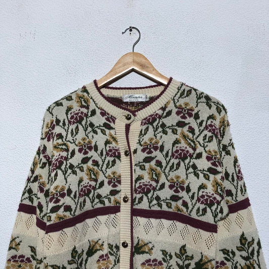 Vintage Cream Floral Grandma Knitted Cardigan - Size 14