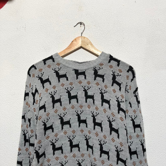 Vintage Grey Christmas Jumper Reindeer Pattern - Large