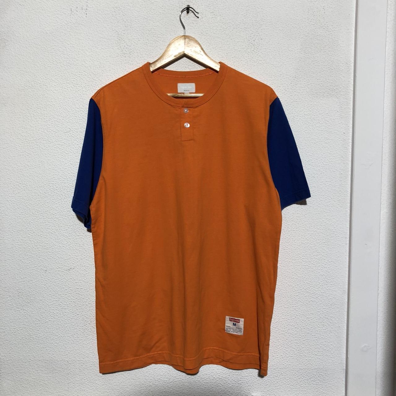 Orange & Blue Supreme T Shirt Henley Embroidered Spellout - Medium