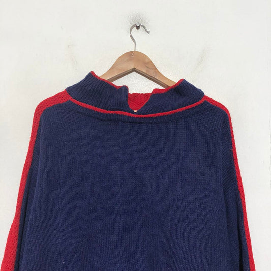 Vintage 1970s Navy & Red Collared Knitted Jumper Made in Korea - Large