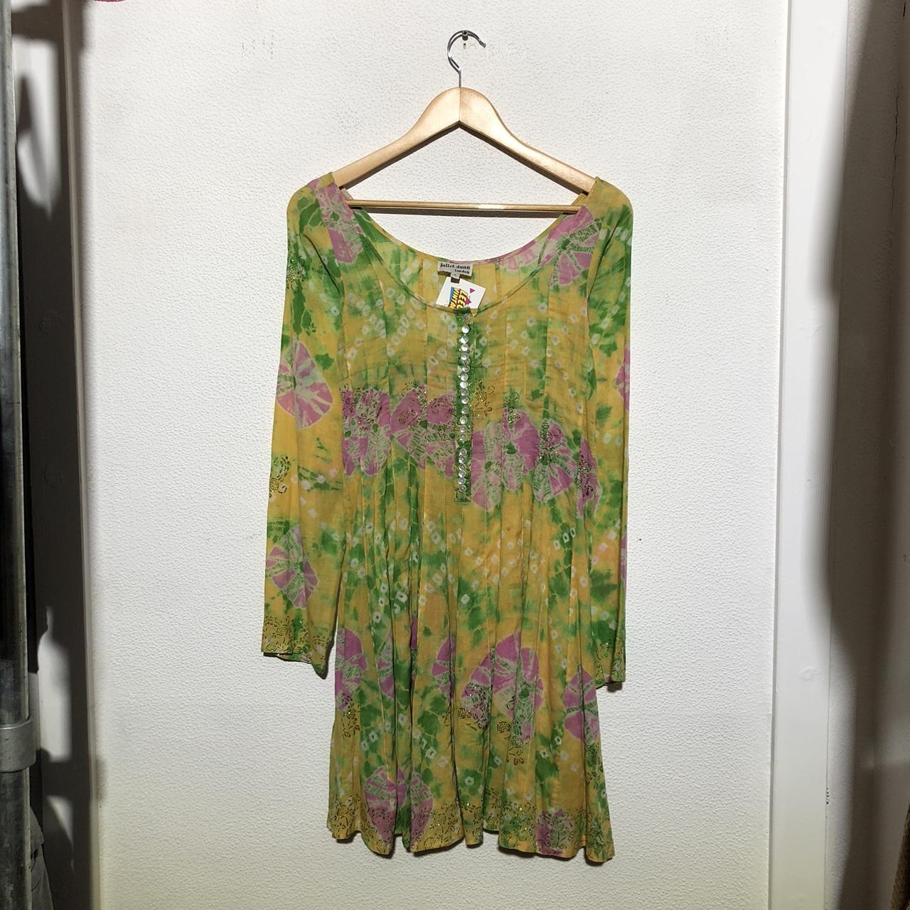 Vintage 1970s Juliet Dunn Hippie Dress Green Floral Tie Dye