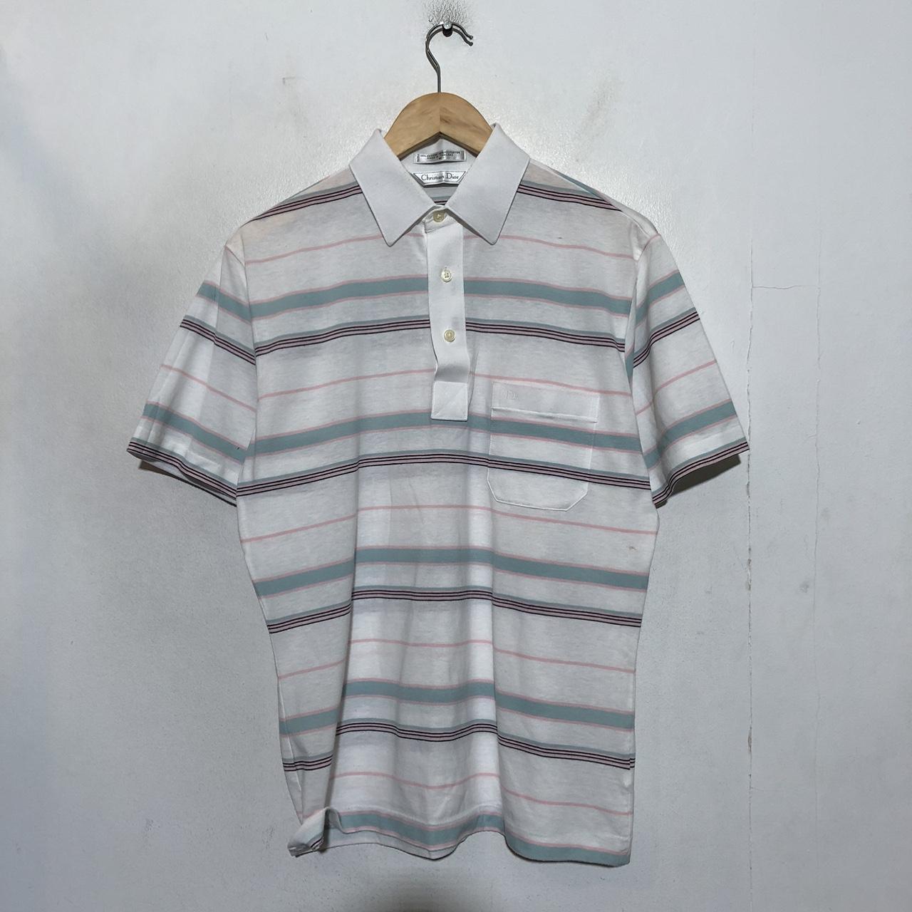 Vintage 80s White & Blue Striped Christian Dior Polo Shirt - Medium