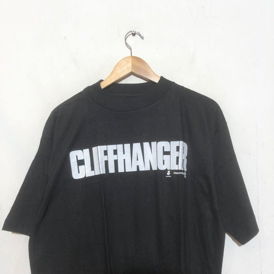 Vintage 90s black Cliffhanger Movie promo t shirt with back and front print starring Sylvester Stall