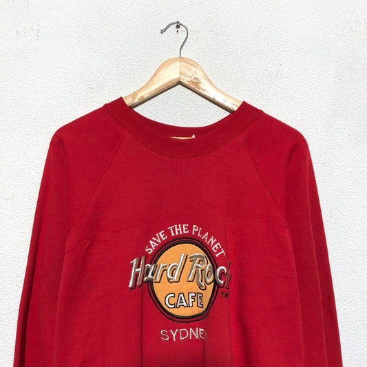 Vintage 90s Red Hard Rock Cafe Sweatshirt Embroidered Spellout - XL