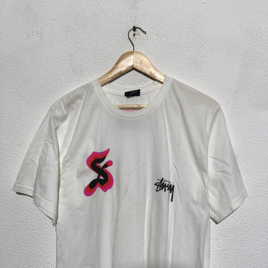 Vintage White Stussy T Shirt Graphic Print - Medium