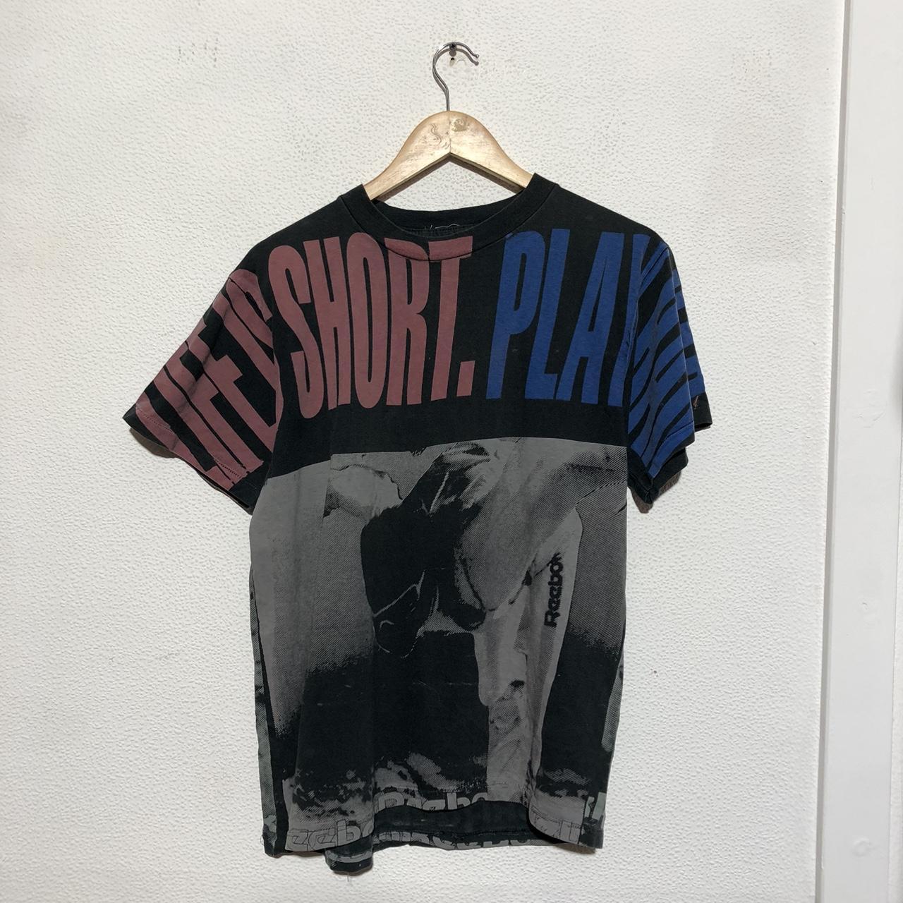 Vintage 80s Black Reebok Surfing All Over Print T Shirt - Medium