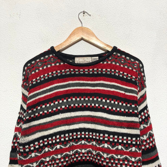 Vintage 80s Red Patterned Striped Knitted Jumper - Large